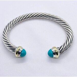 David Yurman Sterling Silver 925 & 14k Gold 7mm Cable Turquoise Cuff Bracelet